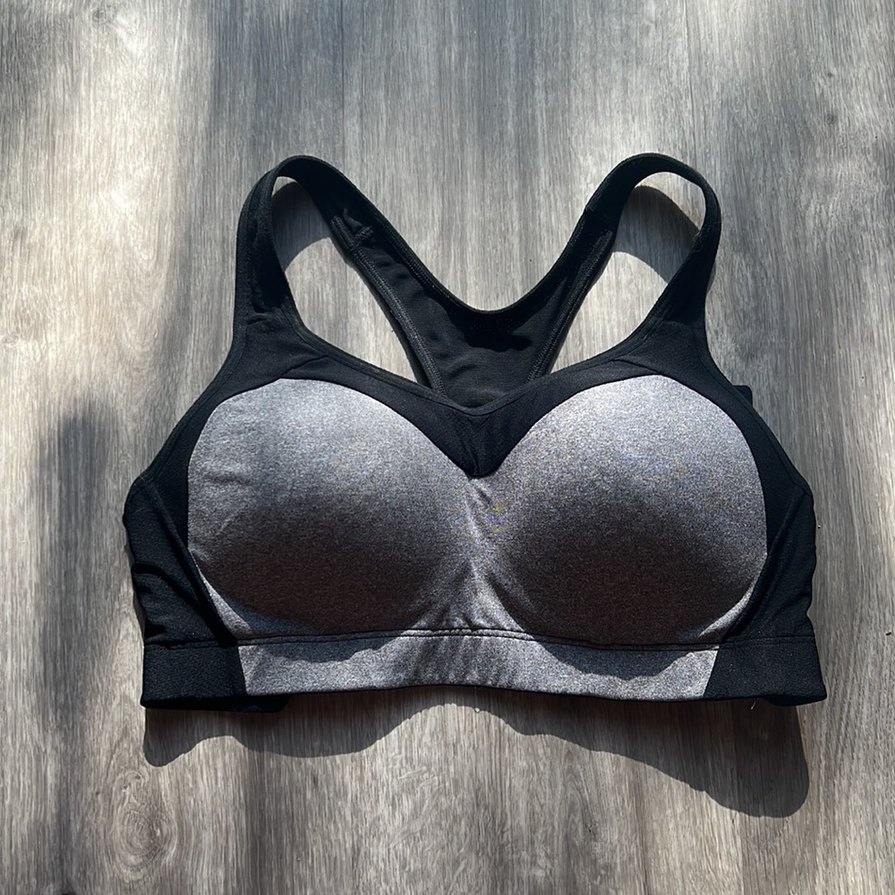 Grey and black sports bra